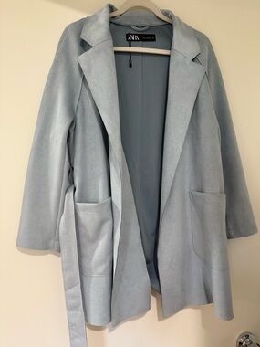 Zara Pale Blue Suede-Effect Belted Trench Coat